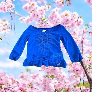 Hollister Blue Blouse with Billowy Sleeves and Ruffled Hem